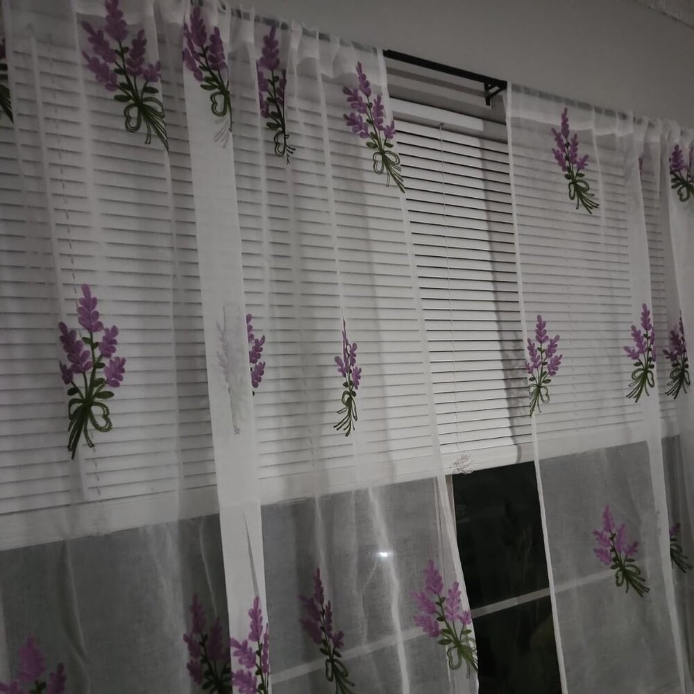 Floral White Sheer Curtains Purple Lavender Flower - Picture 3 of 7